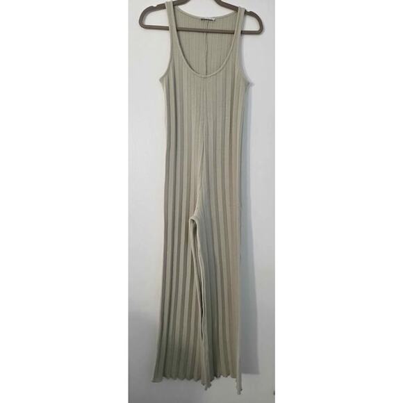 Zara Sage Green Ribbed Knit Jumpsuit – Sleeveless Wide Leg Minimalist Chic Small - Picture 5 of 7